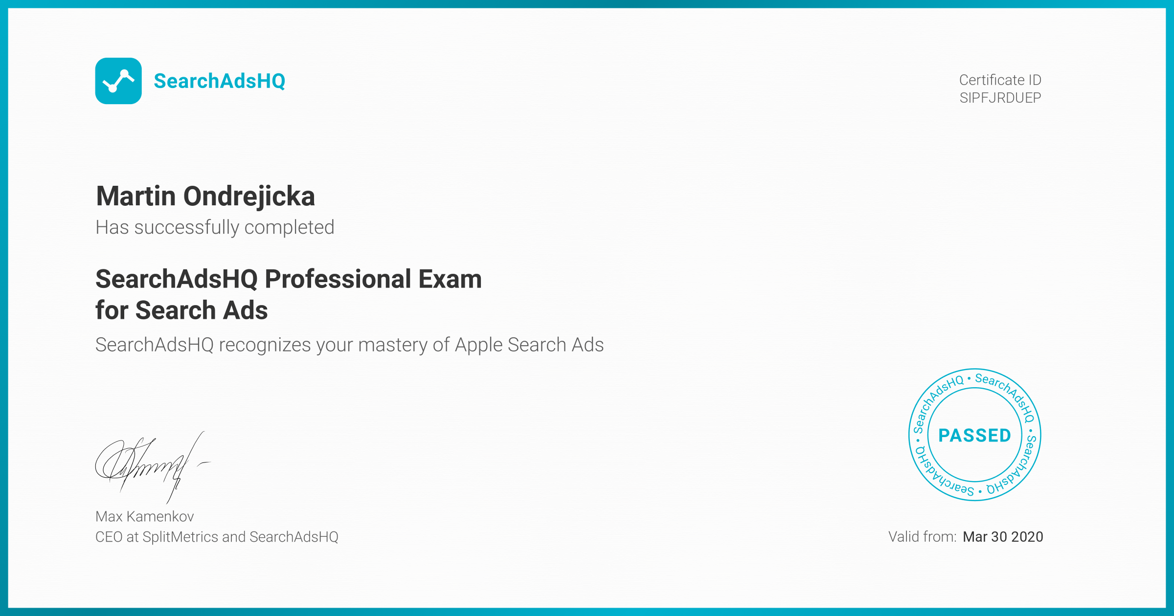 Certificate for Martin Ondrejicka | SearchAdsHQ Professional Exam for Search Ads