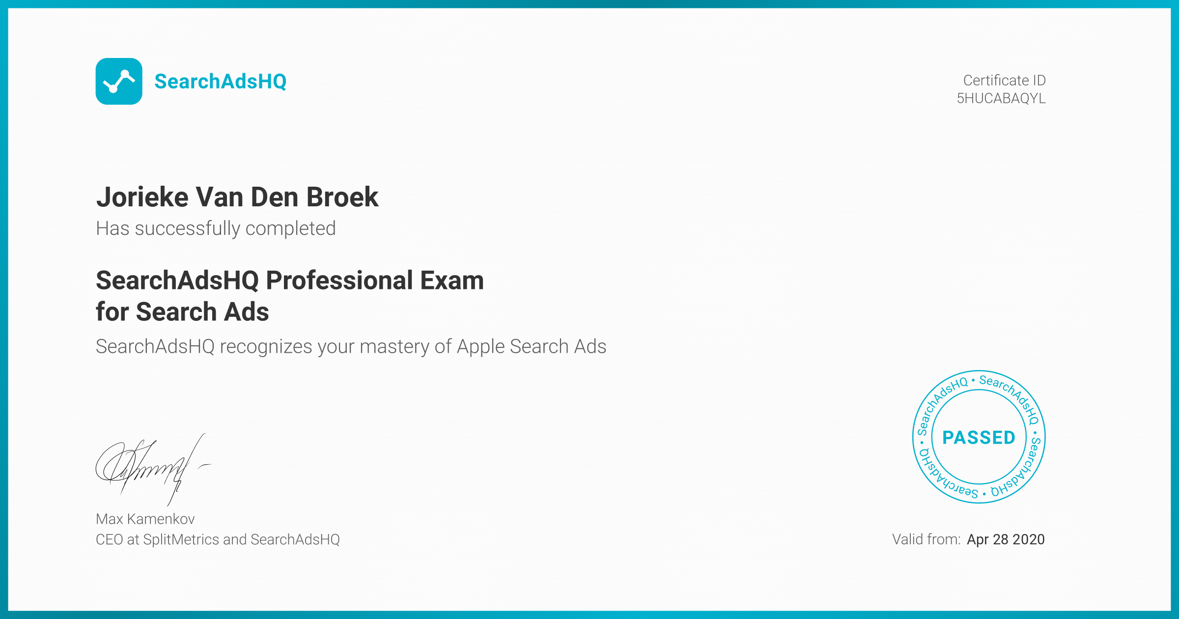 Certificate for Jorieke Van Den Broek | SearchAdsHQ Professional Exam for Search Ads