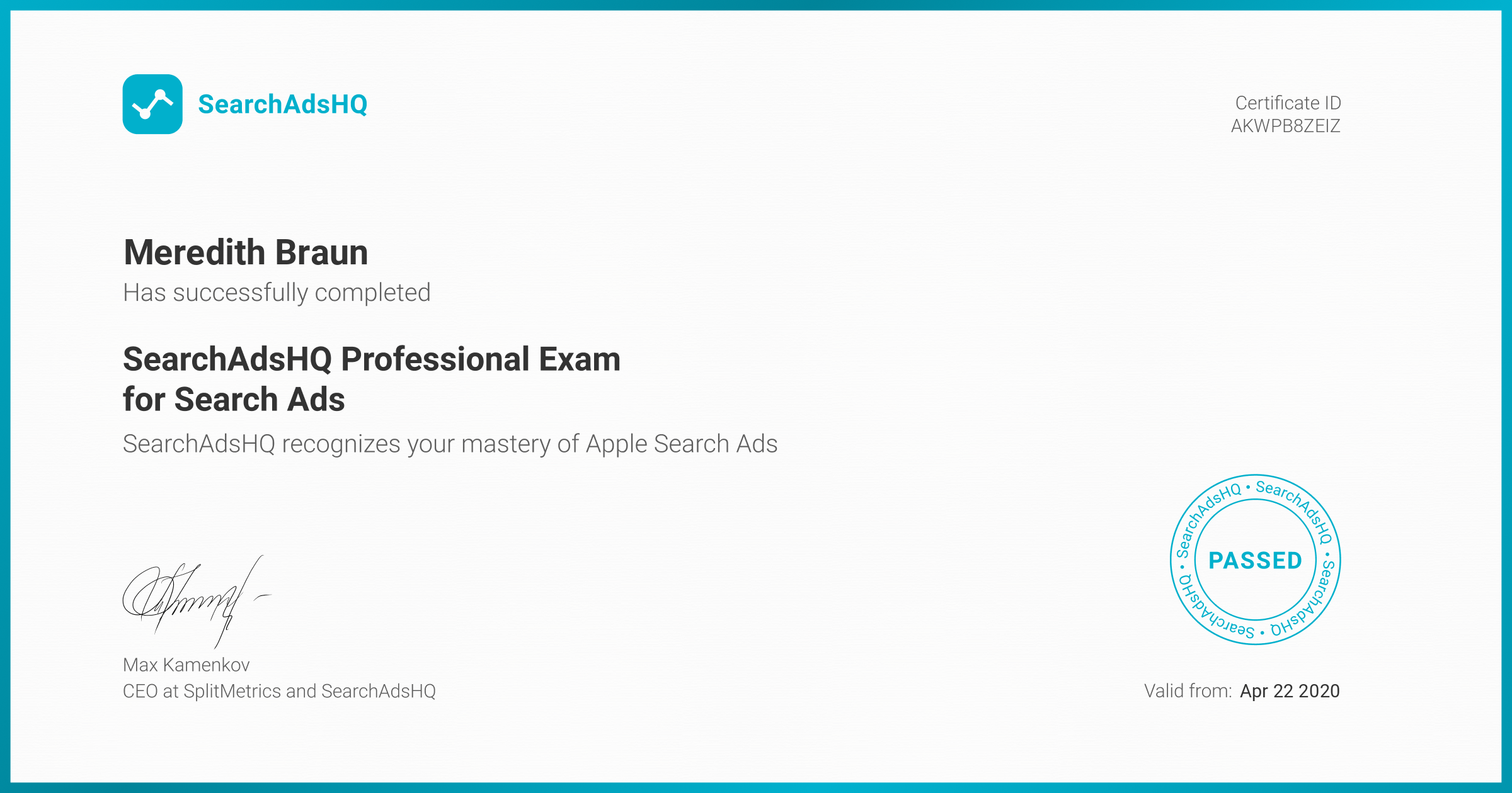 Certificate for Meredith Braun | SearchAdsHQ Professional Exam for Search Ads
