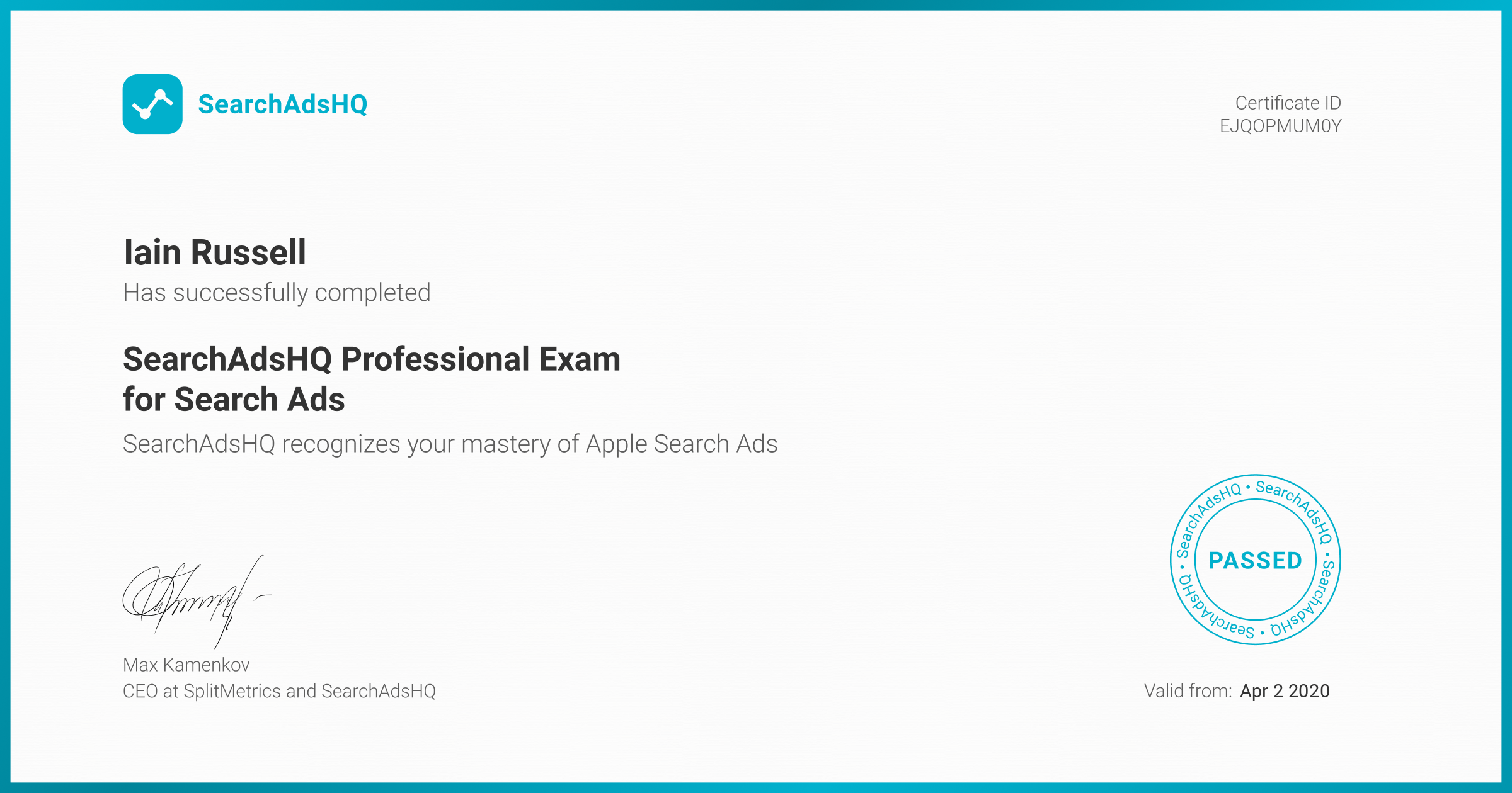 Certificate for Iain Russell | SearchAdsHQ Professional Exam for Search Ads