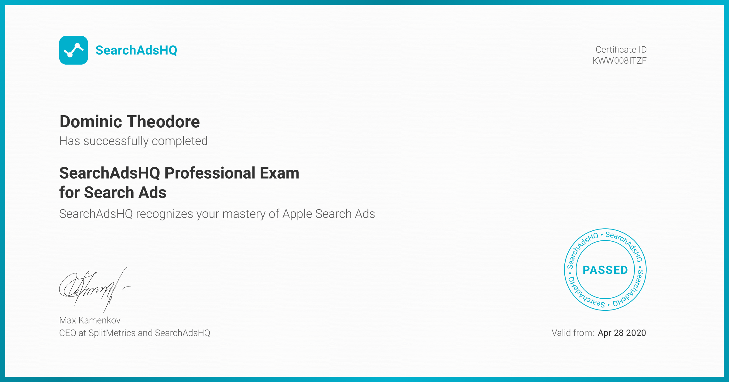 Certificate for Dominic Theodore | SearchAdsHQ Professional Exam for Search Ads