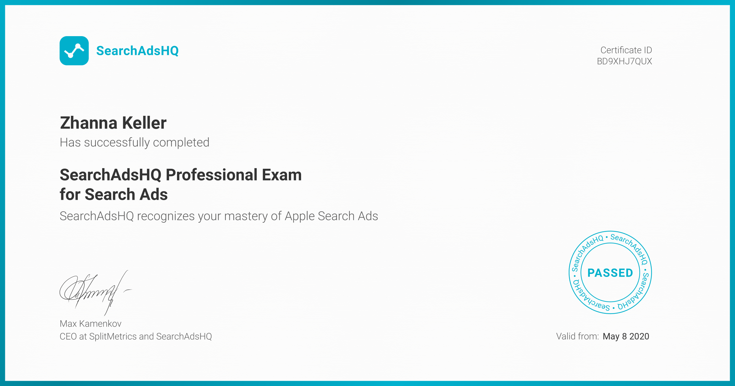 Certificate for Zhanna Keller | SearchAdsHQ Professional Exam for Search Ads