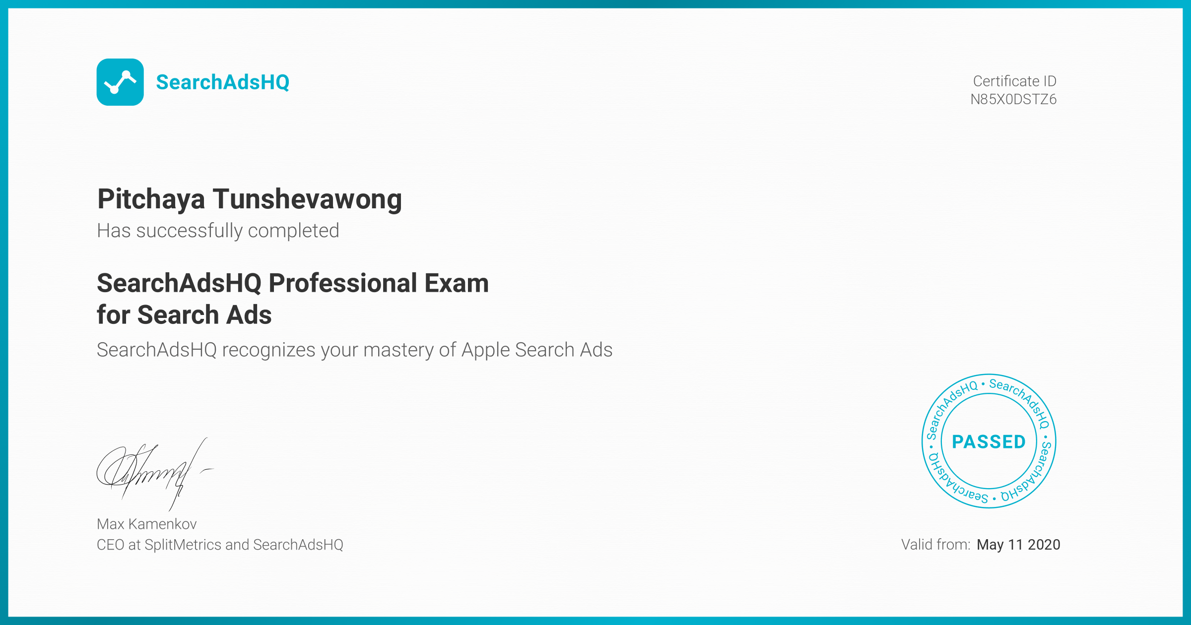 Certificate for Pitchaya Tunshevawong | SearchAdsHQ Professional Exam for Search Ads