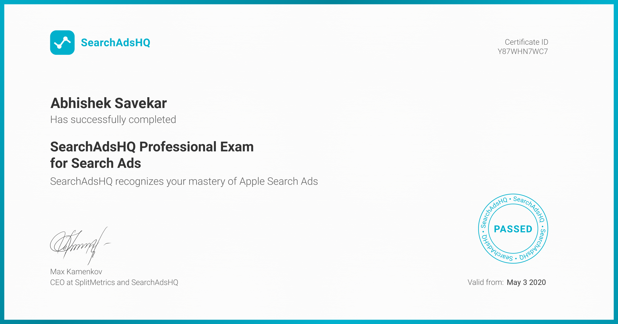 Certificate for Abhishek Savekar | SearchAdsHQ Professional Exam for Search Ads